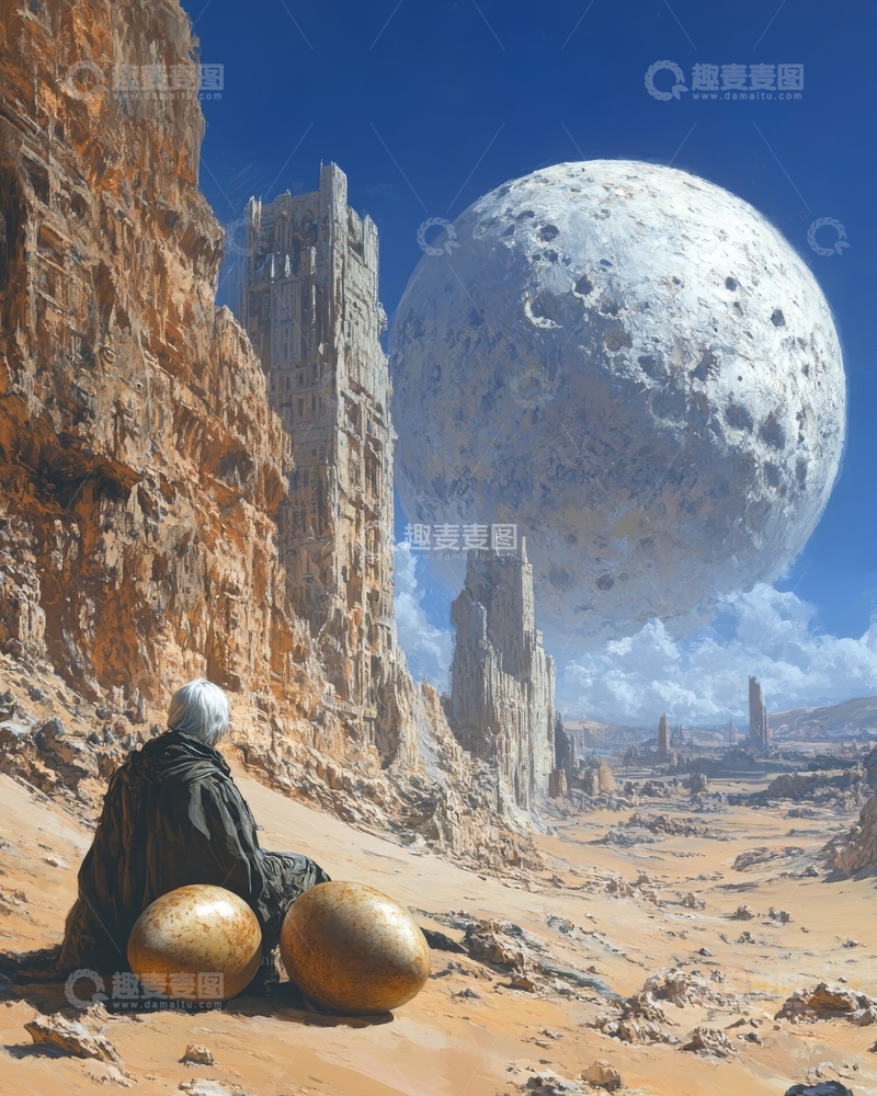 高清大图下载【趣麦麦图】荒漠奇观：巨月与孤影