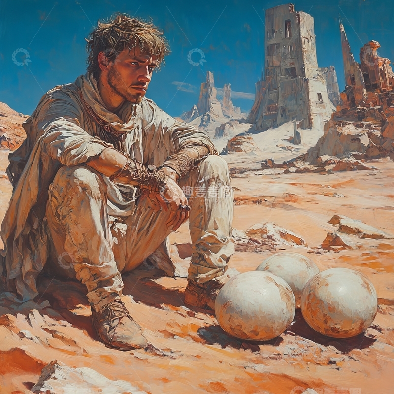 高清大图下载【趣麦麦图】荒漠中沉思的男子与神秘球体