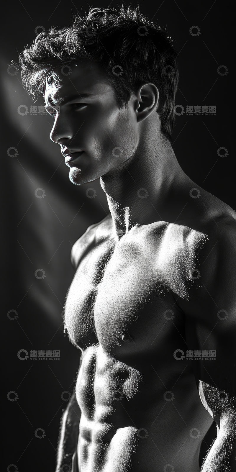 高清大图下载【趣麦麦图】黑白光影下的健美男性上半身