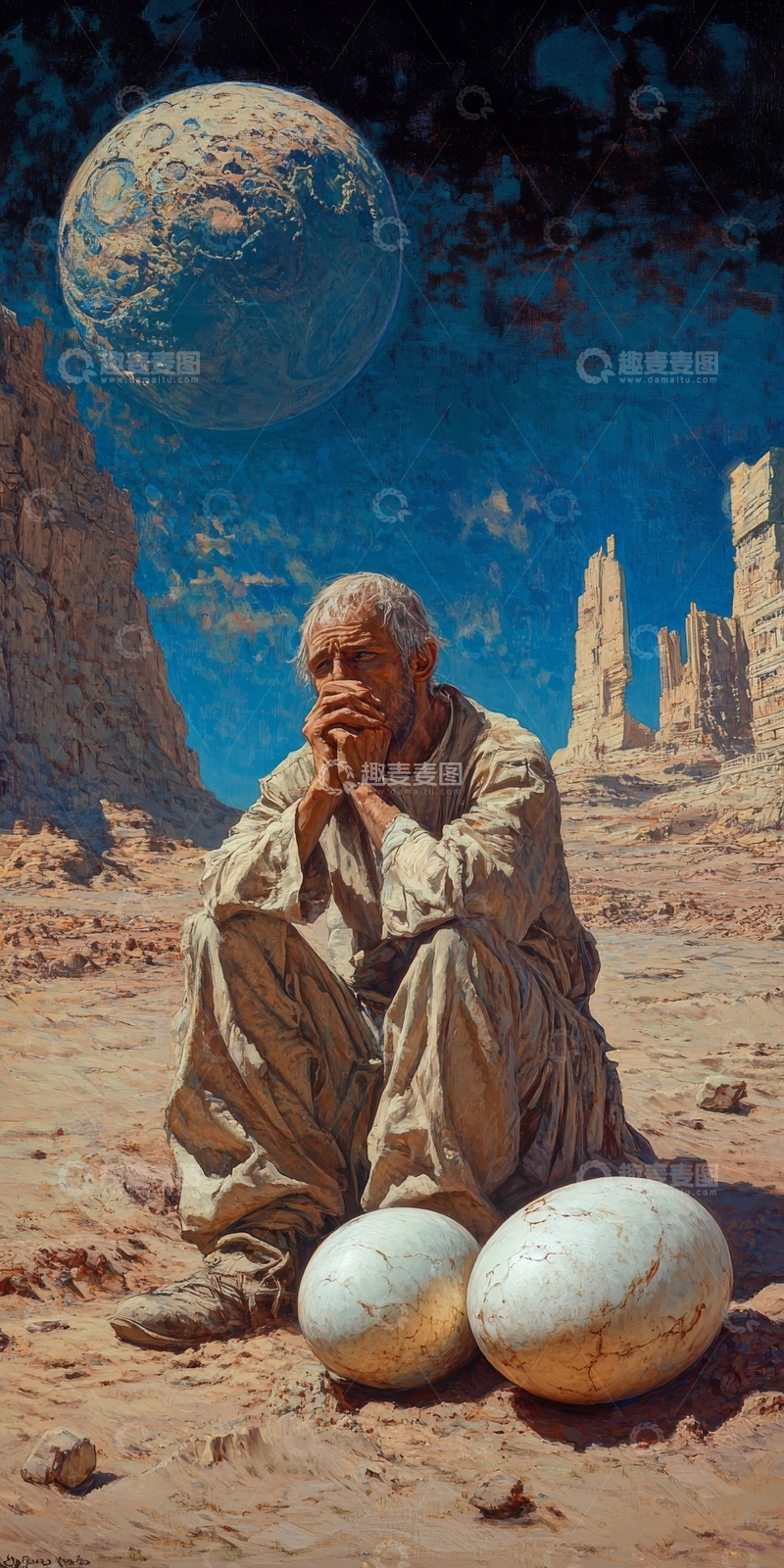 高清大图下载【趣麦麦图】荒漠中沉思的老人与巨大蛋