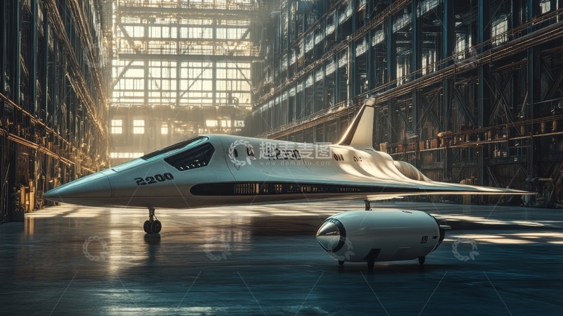 高清大图下载【趣麦麦图】未来超音速飞机在工业厂房内展示