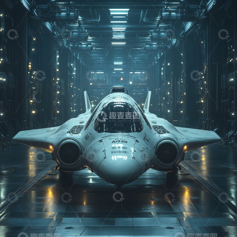 高清大图下载【趣麦麦图】未来飞行器停泊在高科技机库中