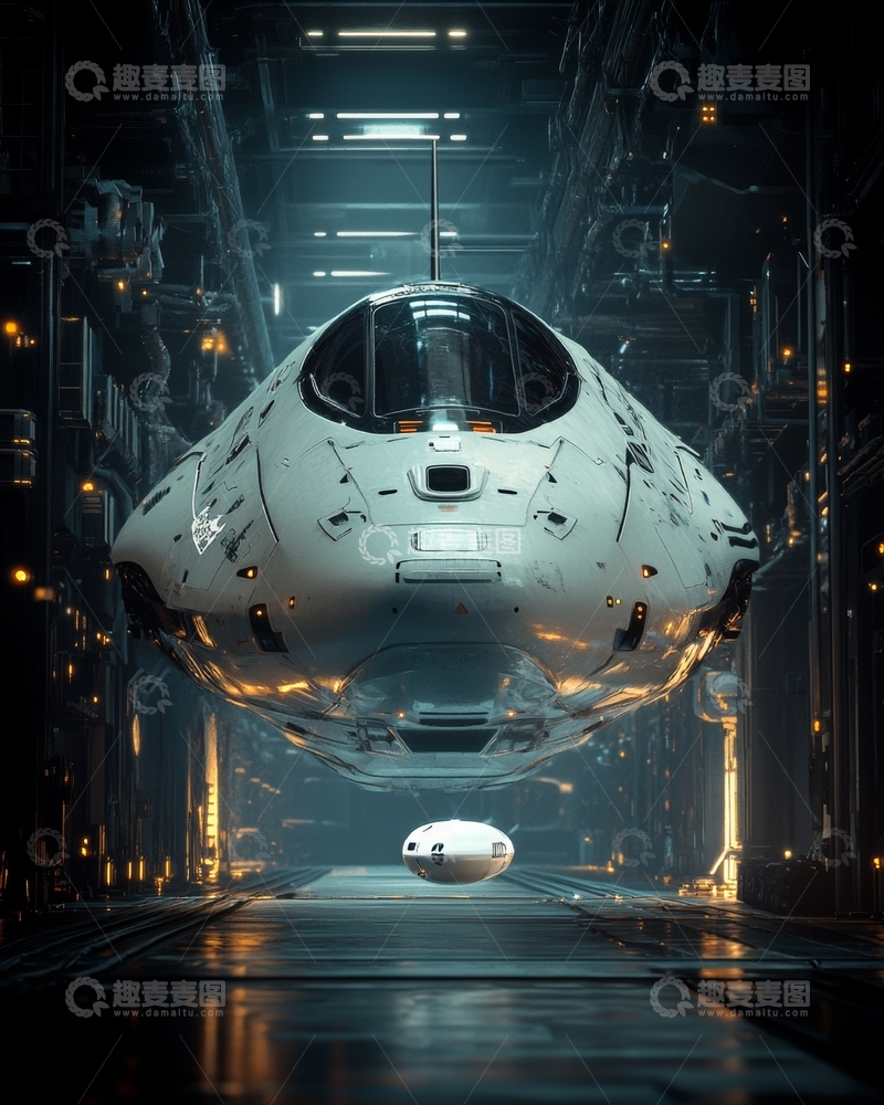 高清大图下载【趣麦麦图】-未来太空舱在高科技机库中悬浮