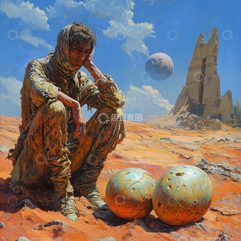高清大图下载【趣麦麦图】荒漠中沉思的旅人与神秘球体