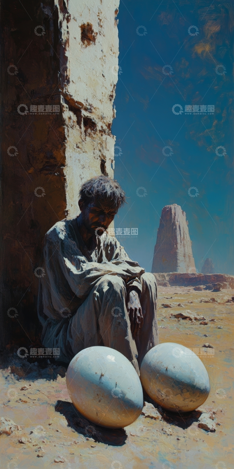 高清大图下载【趣麦麦图】男子静坐石旁，手握巨大蛋形物