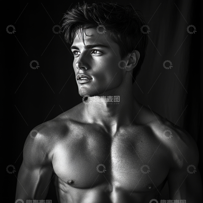 高清大图下载【趣麦麦图】黑白光影下的健美男性肖像