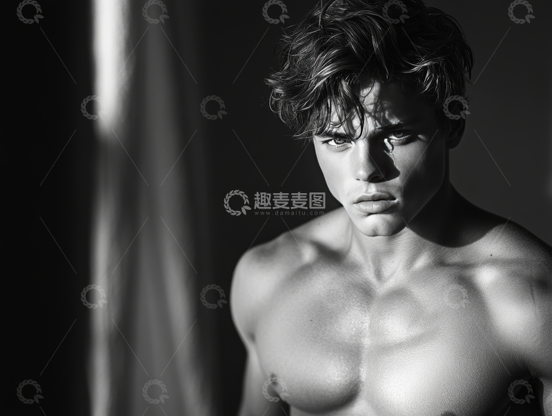 高清大图下载【趣麦麦图】黑白光影下的年轻男子肖像