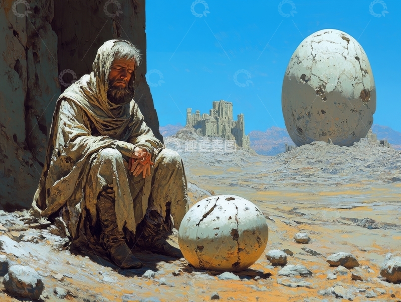 高清大图下载【趣麦麦图】荒漠中老人与巨大蛋石