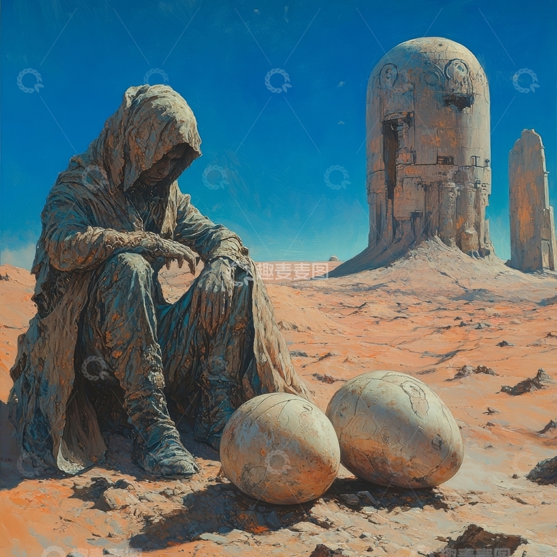 高清大图下载【趣麦麦图】沙漠中的沉思者与神秘建筑