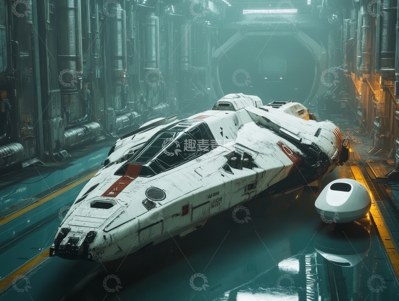 高清大图下载【趣麦麦图】未来太空船停泊在高科技机库中