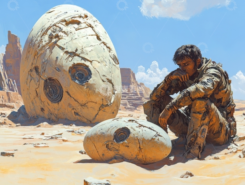 高清大图下载【趣麦麦图】荒漠中探索巨大石蛋的战士