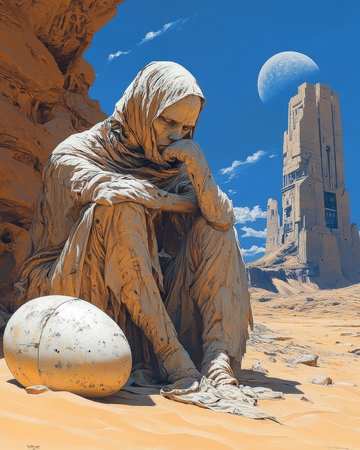 沙漠中沉思的斗篷人物