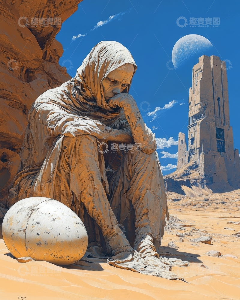 高清大图下载【趣麦麦图】沙漠中沉思的斗篷人物