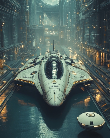 未来飞船停泊于高科技港口