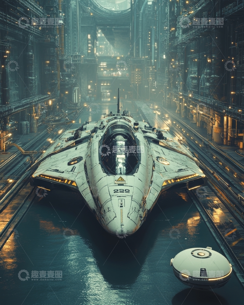 高清大图下载【趣麦麦图】-未来飞船停泊于高科技港口