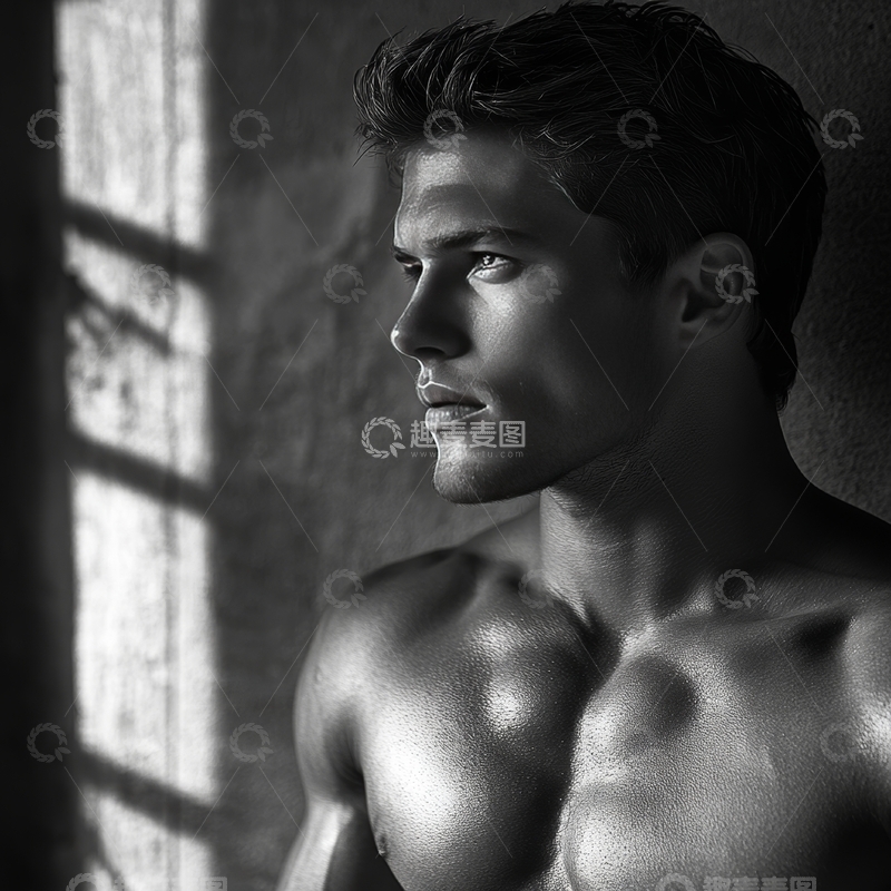 高清大图下载【趣麦麦图】黑白肖像：肌肉男靠窗沉思