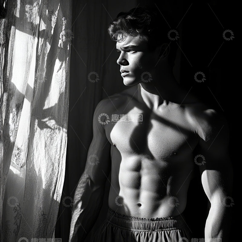 高清大图下载【趣麦麦图】窗边光影下的健美男性