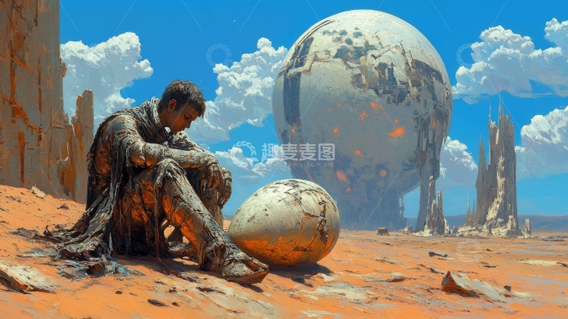 高清大图下载【趣麦麦图】荒漠中沉思的旅人与神秘巨蛋