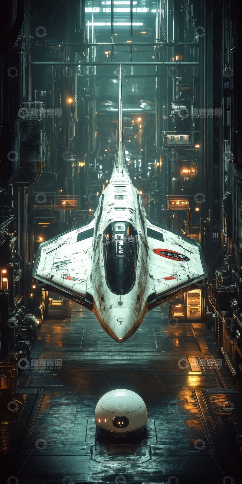 高清大图下载【趣麦麦图】-未来飞行器悬浮于科技城市街道