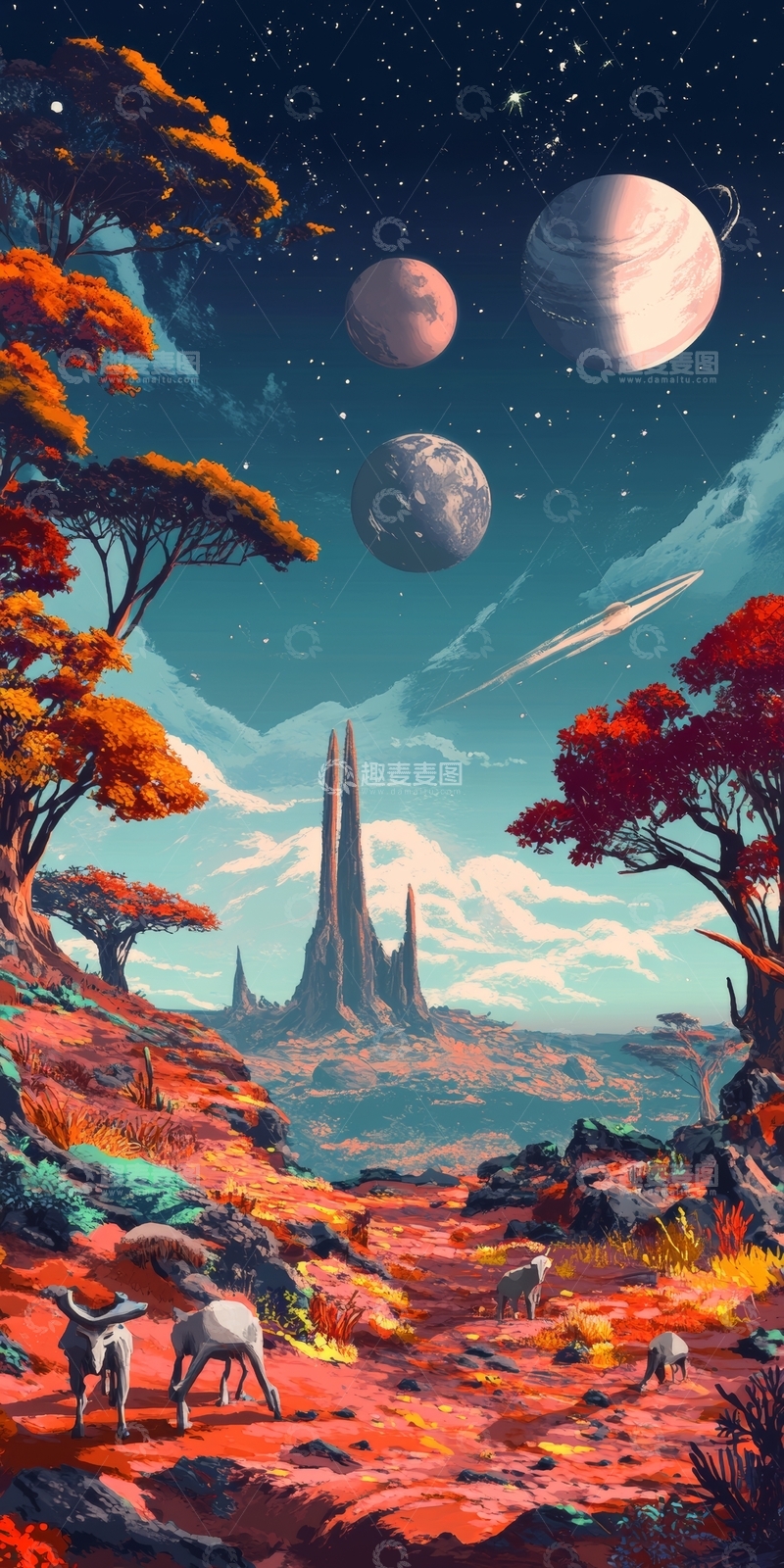 高清大图下载【趣麦麦图】奇幻星球上的多彩森林与奇异生物