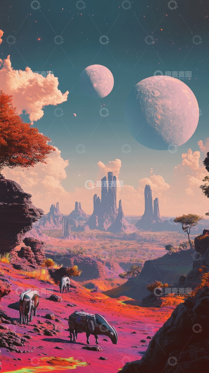 高清大图下载【趣麦麦图】异星荒漠，双月高悬