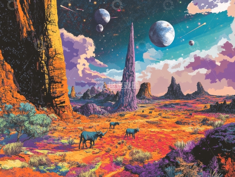 高清大图下载【趣麦麦图】异星荒漠，奇幻生物与多行星天象
