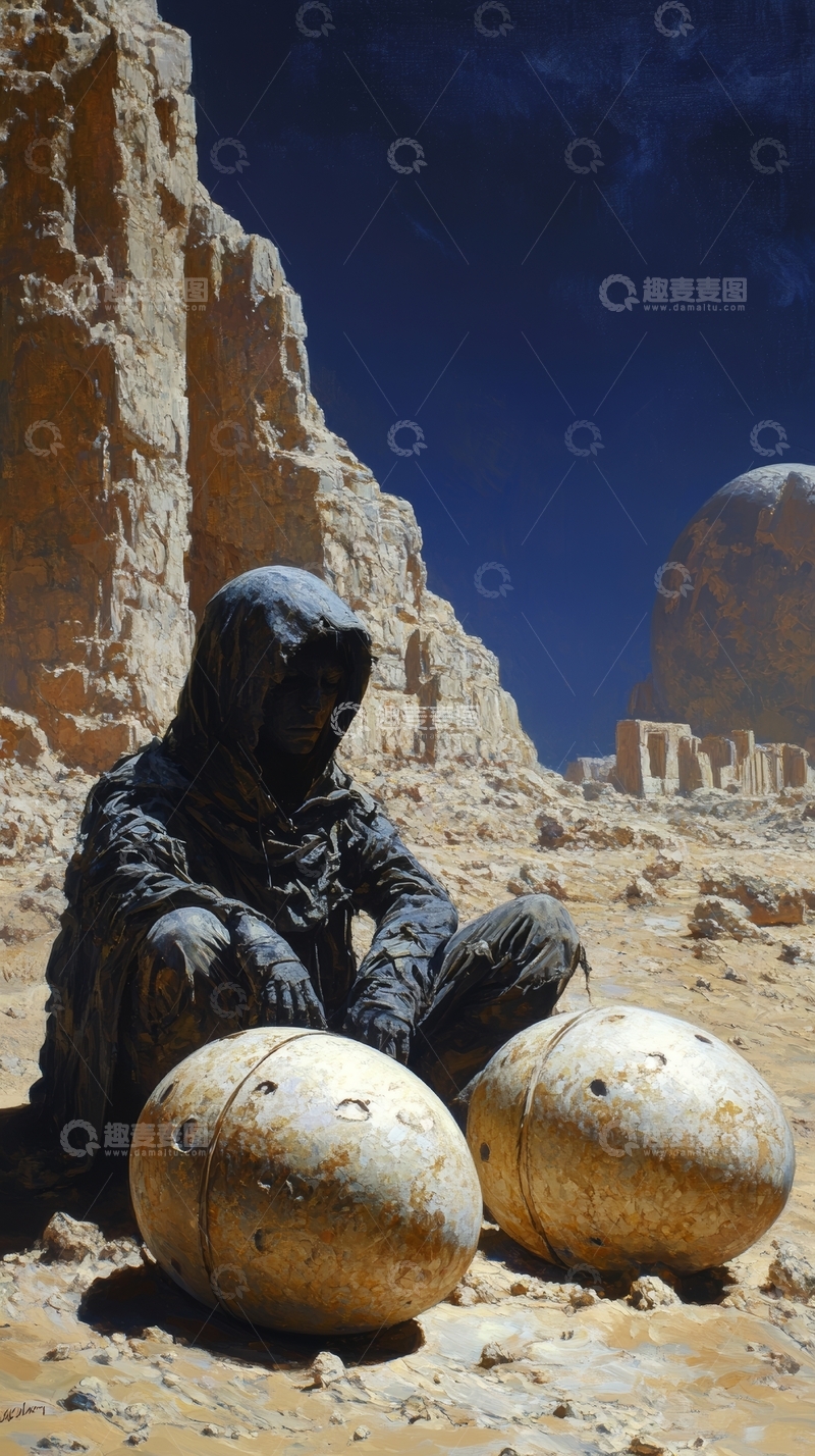 高清大图下载【趣麦麦图】沙漠中的人物与神秘球体