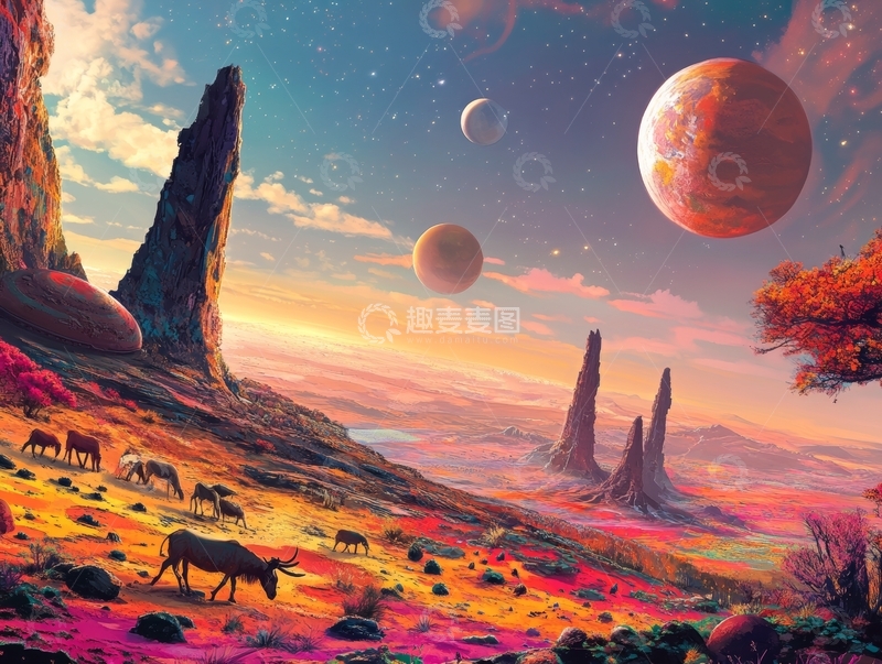 高清大图下载【趣麦麦图】异星草原上的奇幻景象