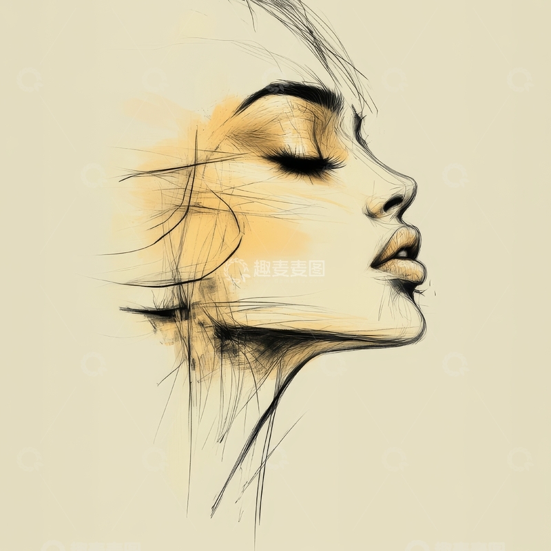 高清大图下载【趣麦麦图】侧脸女性素描，闭眼沉思