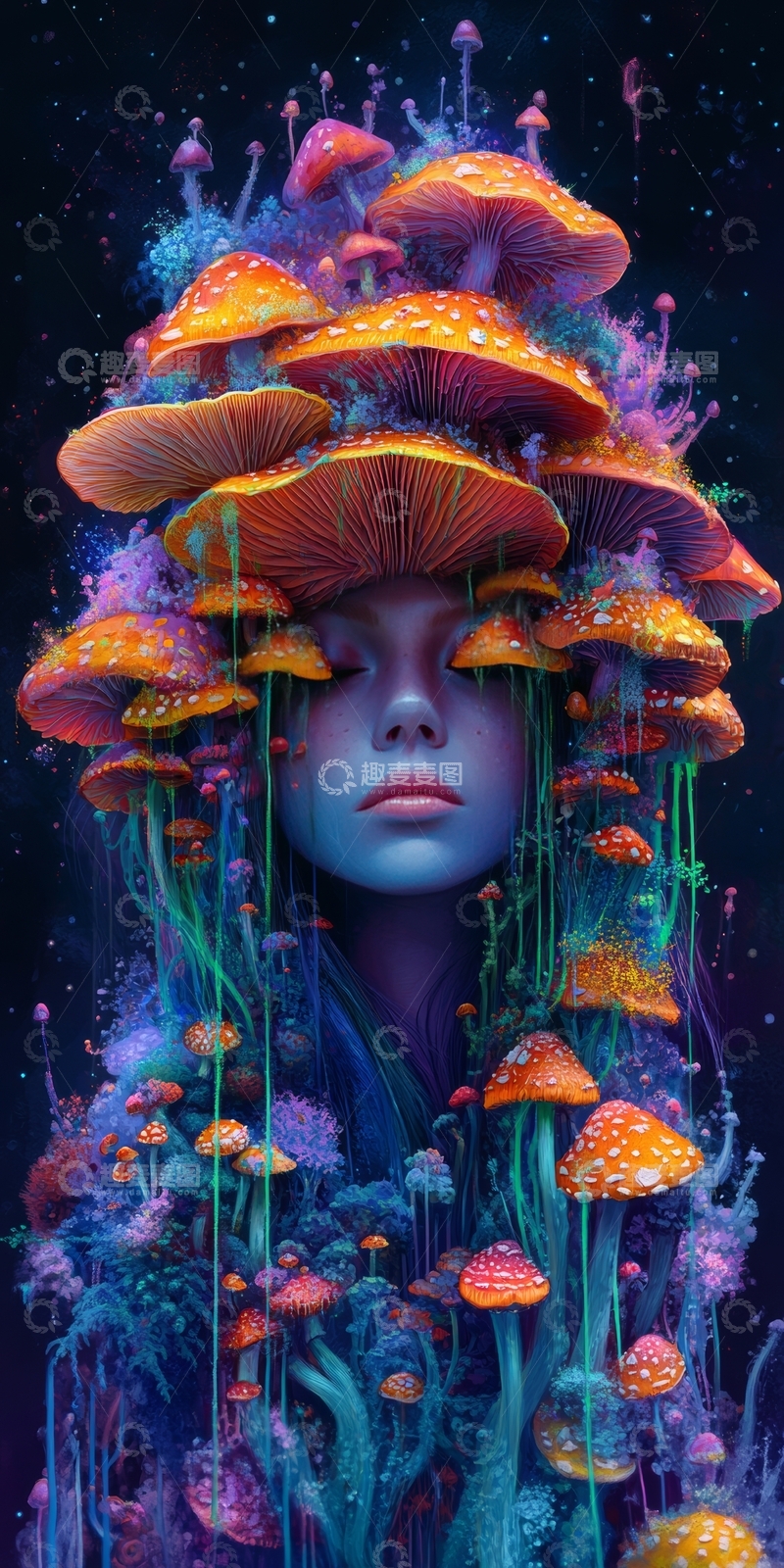梦幻蘑菇环绕的神秘女子