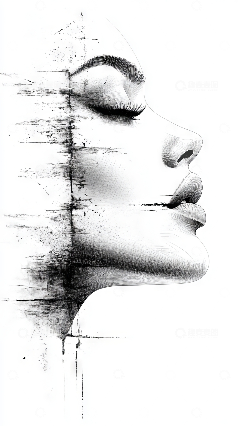 高清大图下载【趣麦麦图】黑白侧脸与纹理结合的艺术插画