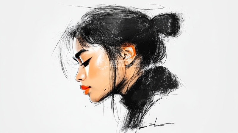 高清大图下载【趣麦麦图】侧脸女性素描，黑色发髻