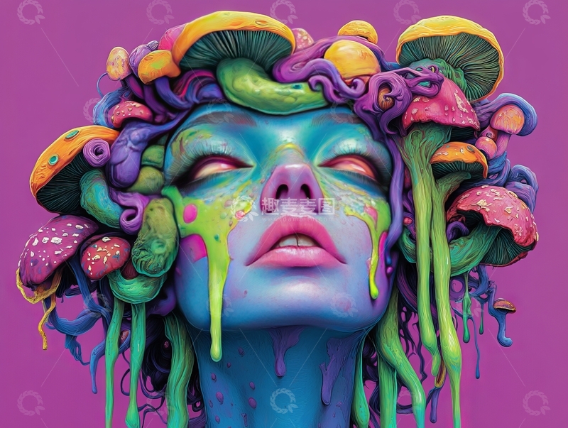 高清大图下载【趣麦麦图】色彩斑斓的蘑菇与女性肖像融合艺术