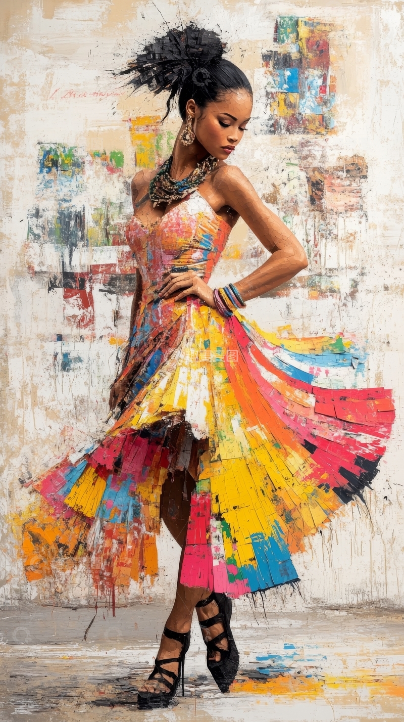高清大图下载【趣麦麦图】色彩斑斓的裙装与抽象背景