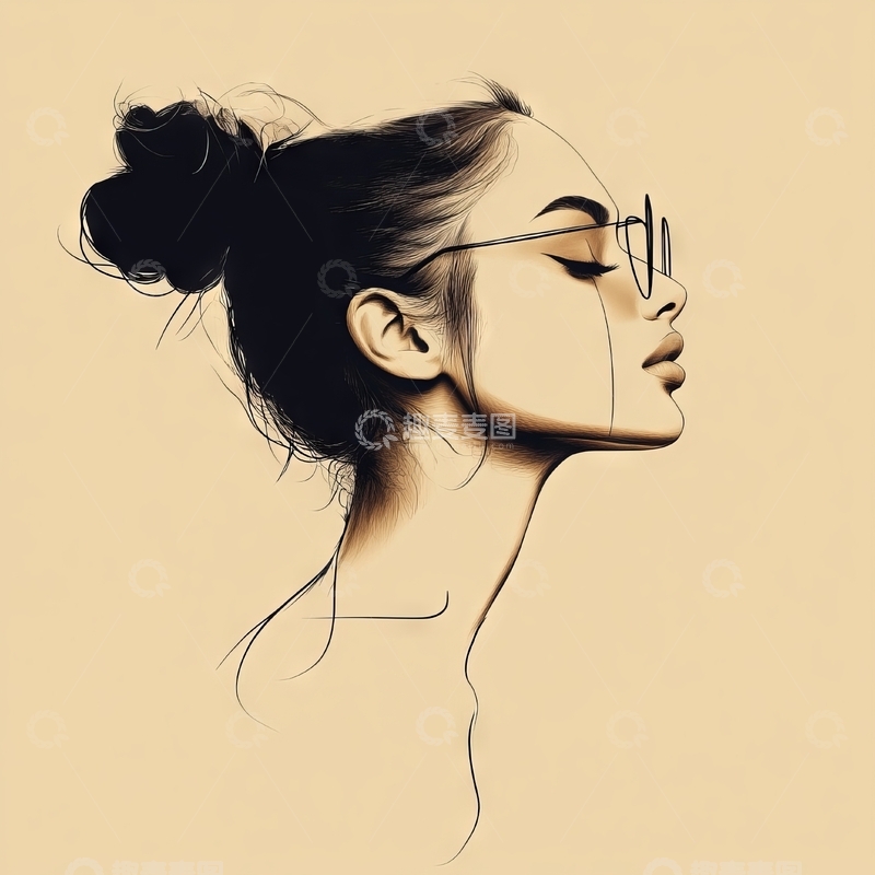 高清大图下载【趣麦麦图】侧脸女性，眼镜与发髻的简约艺术