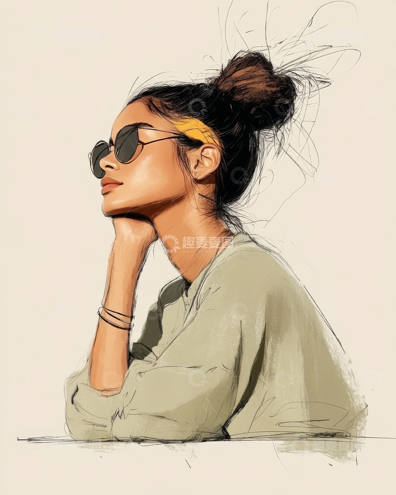 高清大图下载【趣麦麦图】戴墨镜的女子侧脸插画