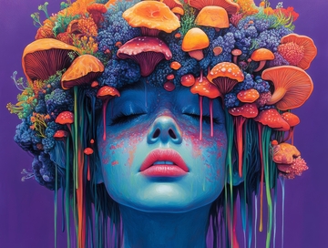 梦幻色彩：蘑菇与蓝发女子的奇幻融合