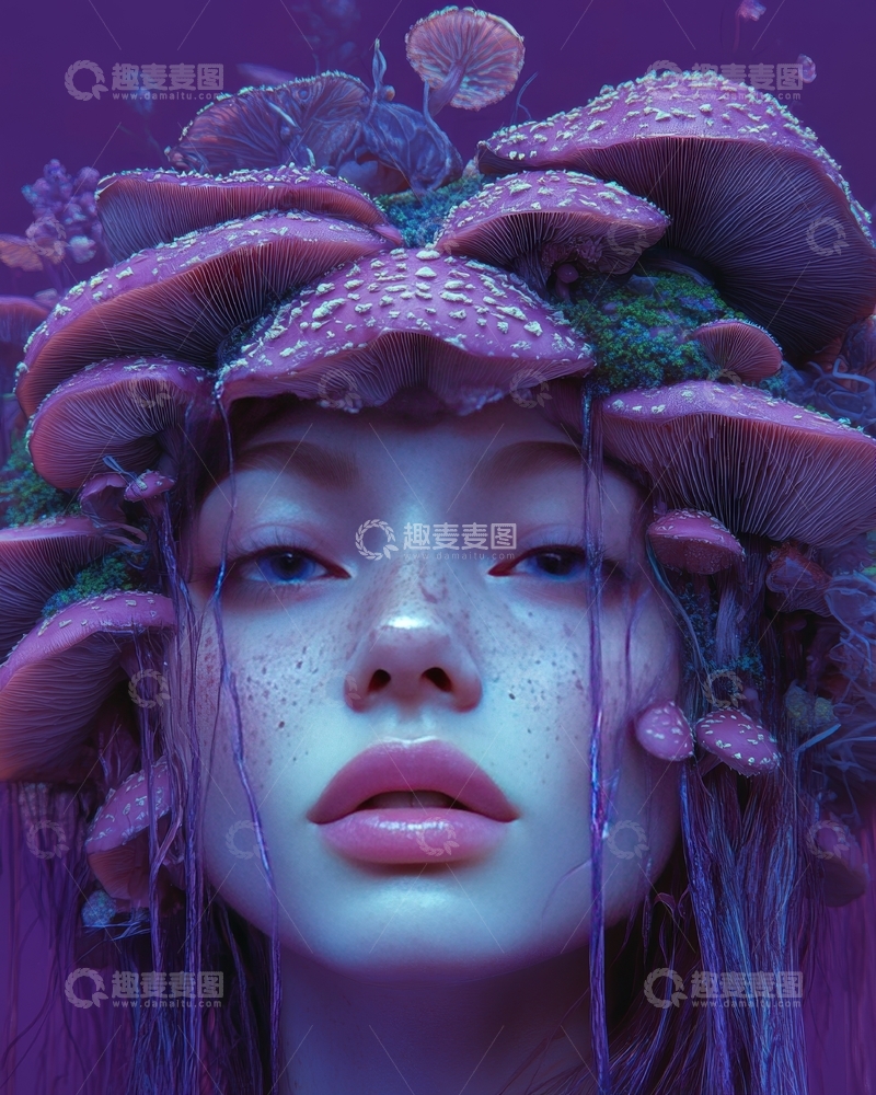 梦幻紫蘑菇环绕的神秘女子