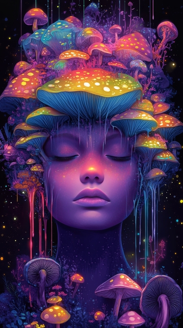 梦幻蘑菇环绕的神秘女性