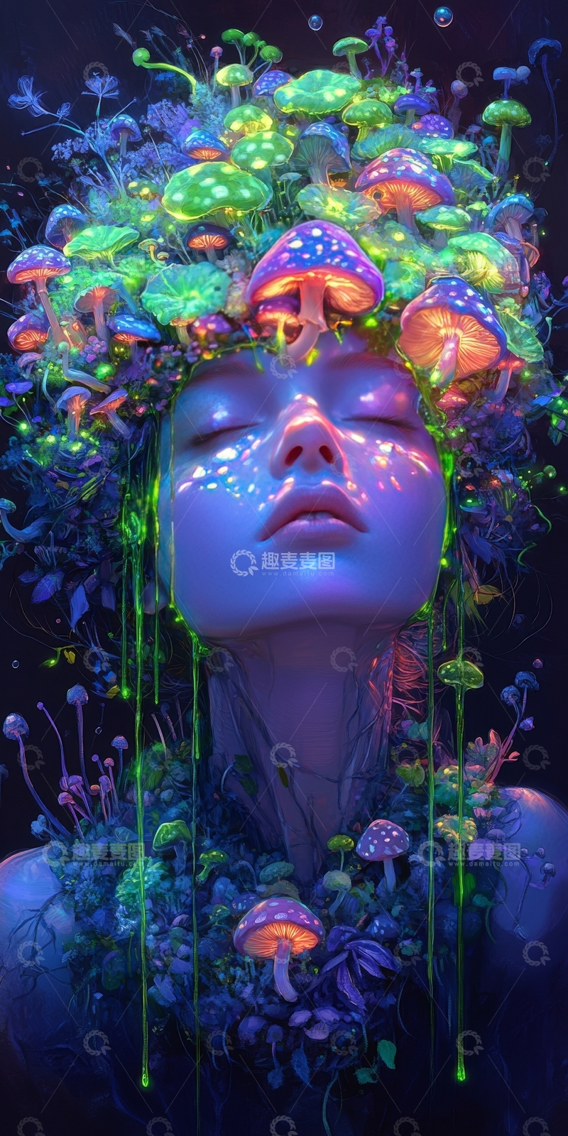 高清大图下载【趣麦麦图】梦幻森林中的荧光蘑菇与女子
