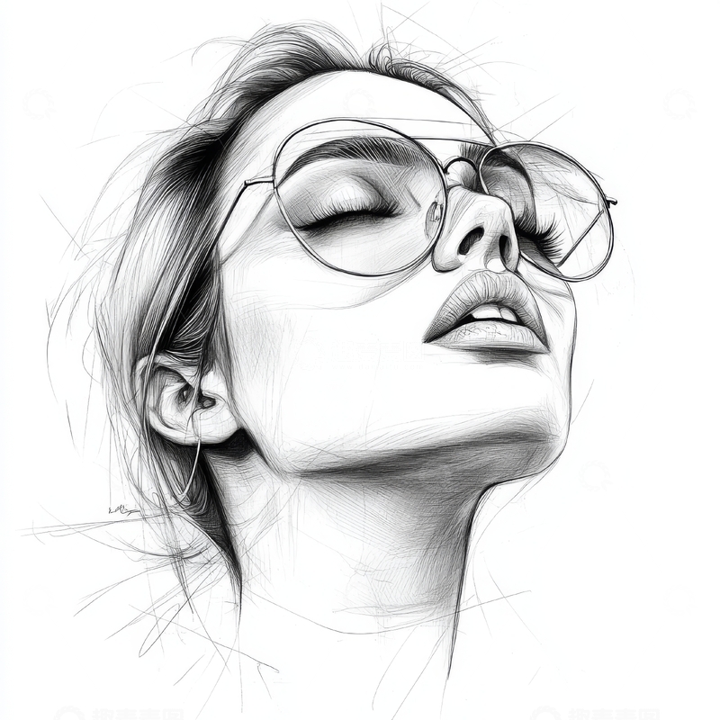 高清大图下载【趣麦麦图】闭眼戴眼镜的女性素描