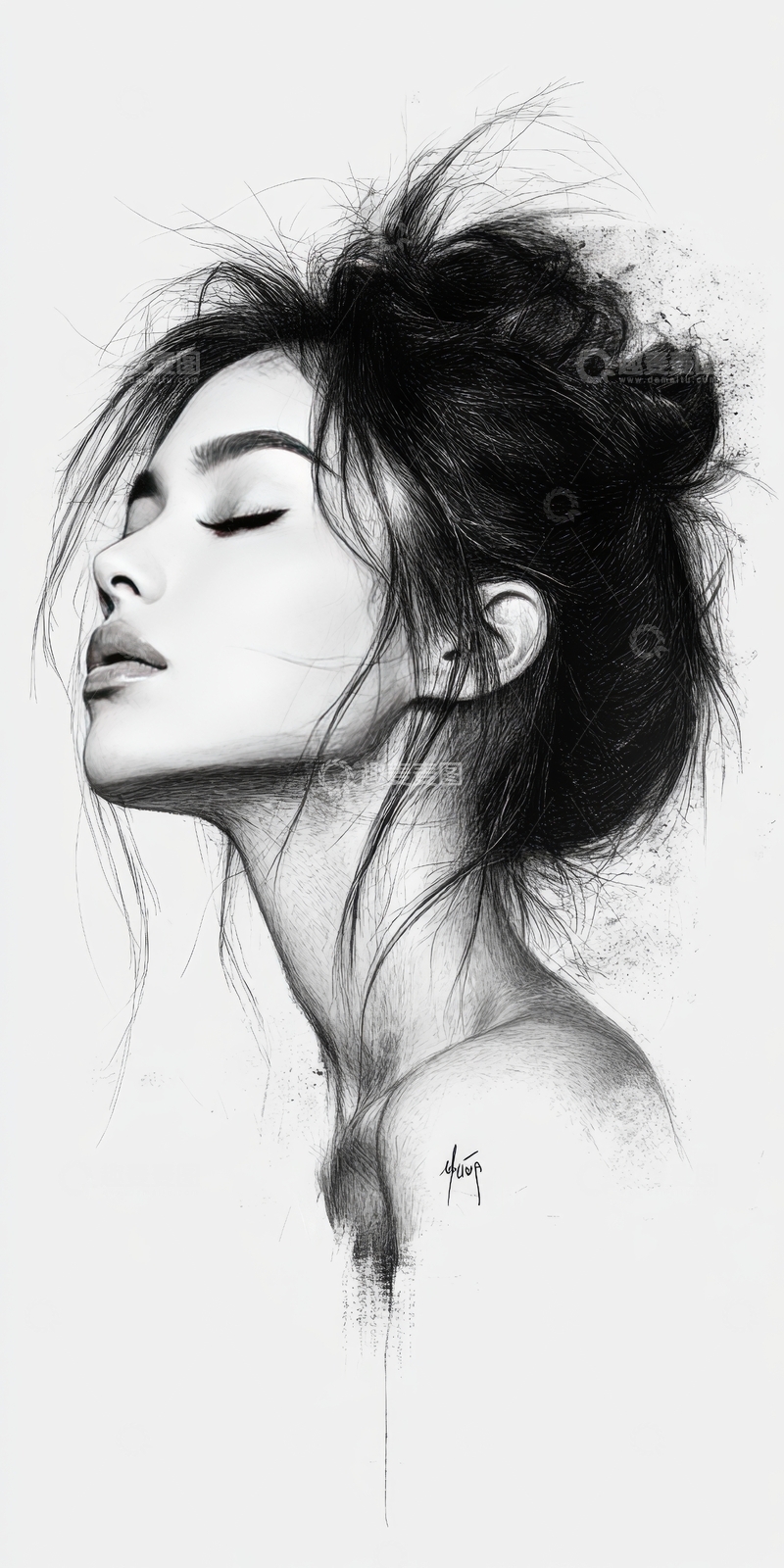 高清大图下载【趣麦麦图】黑白素描女性肖像