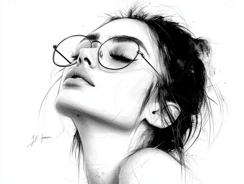 高清大图下载【趣麦麦图】仰头闭眼的戴眼镜女子素描