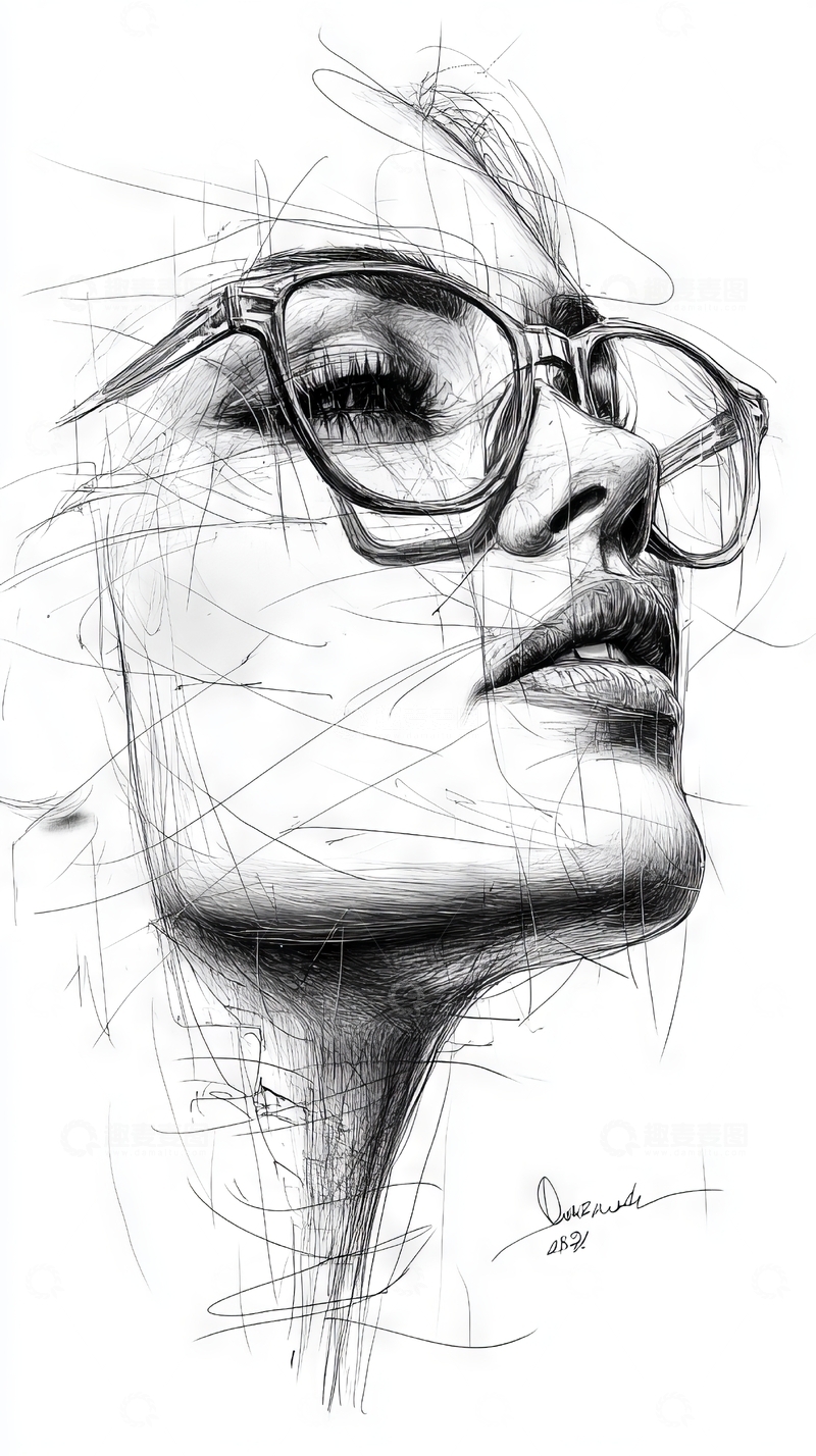 高清大图下载【趣麦麦图】戴眼镜女性的素描肖像