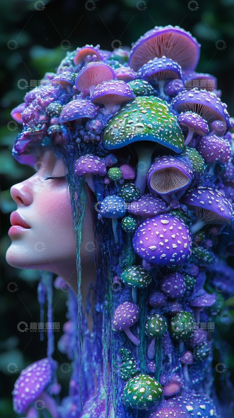 高清大图下载【趣麦麦图】梦幻蘑菇与女性面容的奇幻融合