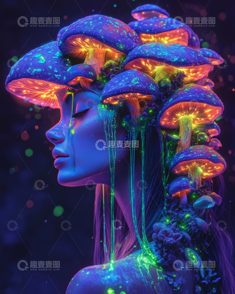 高清大图下载【趣麦麦图】荧光蘑菇环绕的神秘女性侧脸