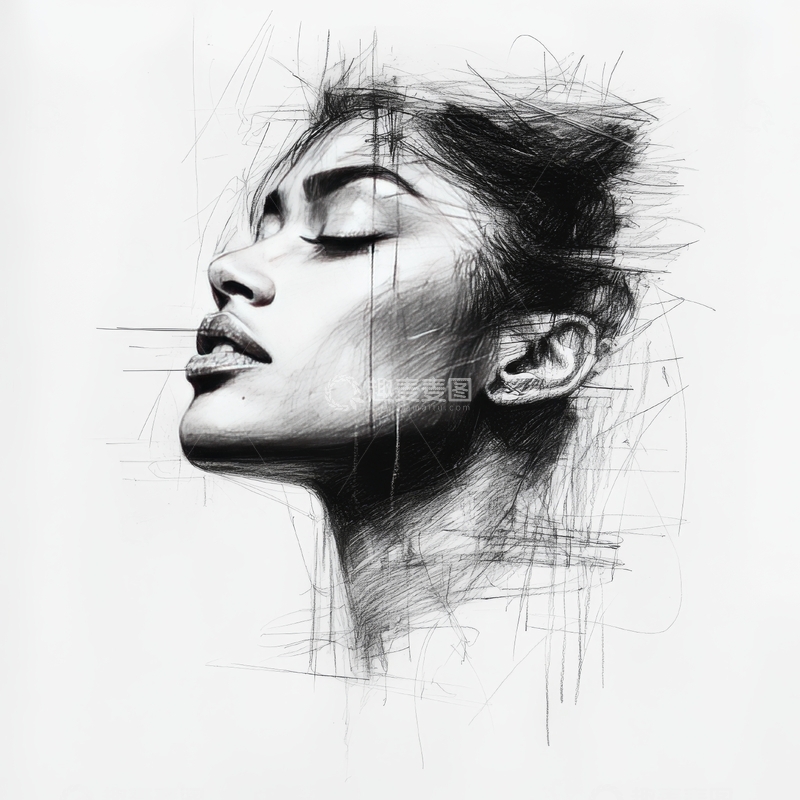 高清大图下载【趣麦麦图】闭眼仰头的女性素描