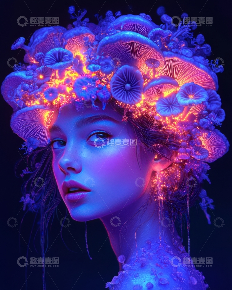 高清大图下载【趣麦麦图】荧光蘑菇环绕的神秘女性