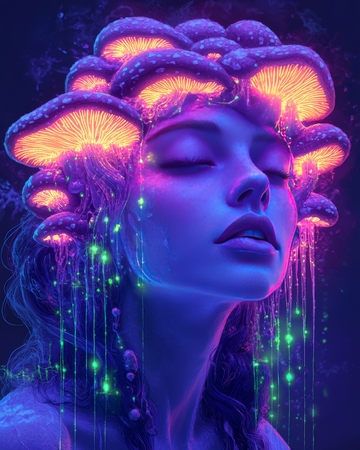 梦幻人物与发光蘑菇的奇幻融合