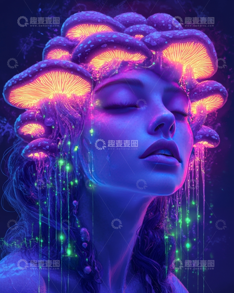 高清大图下载【趣麦麦图】梦幻人物与发光蘑菇的奇幻融合
